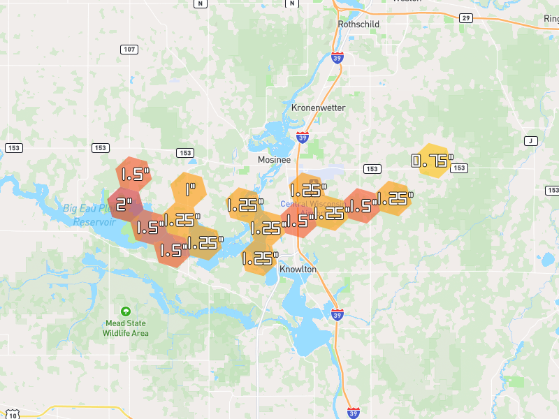 Hail map of Mosinee, WI on Jun 30, 2026, hail up to 2"