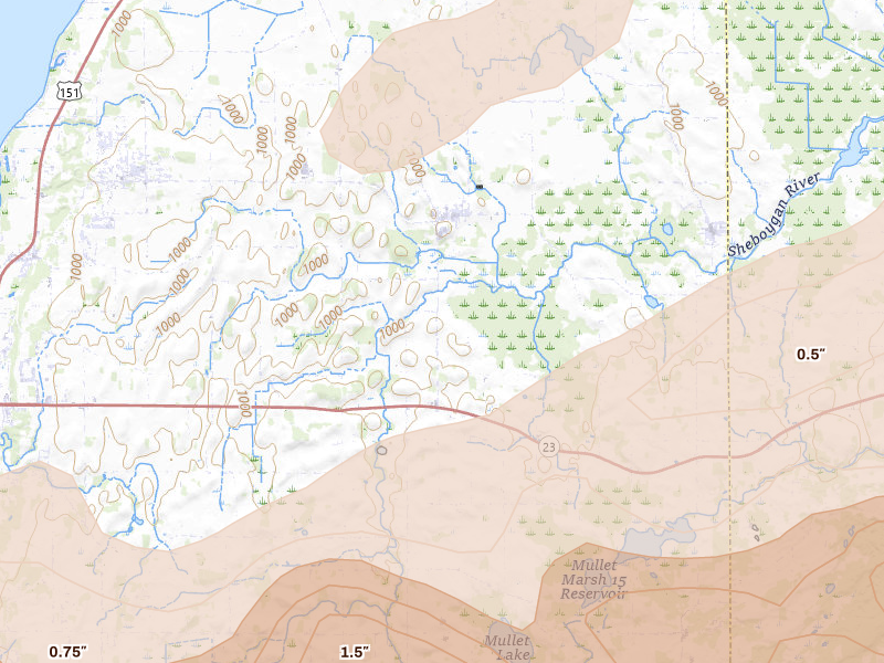 Radar-estimated hail-size map of the storm over Mount Calvary, WI on Jul 1, 2026