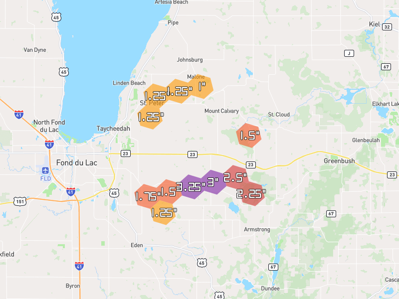 Hail map of Mount Calvary, WI on Jul 1, 2026, hail up to 3.25"