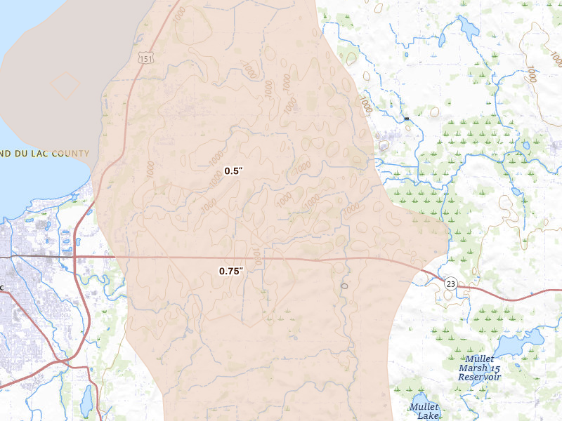 Radar-estimated hail-size map of the storm over Mount Calvary, WI on Jul 27, 2026