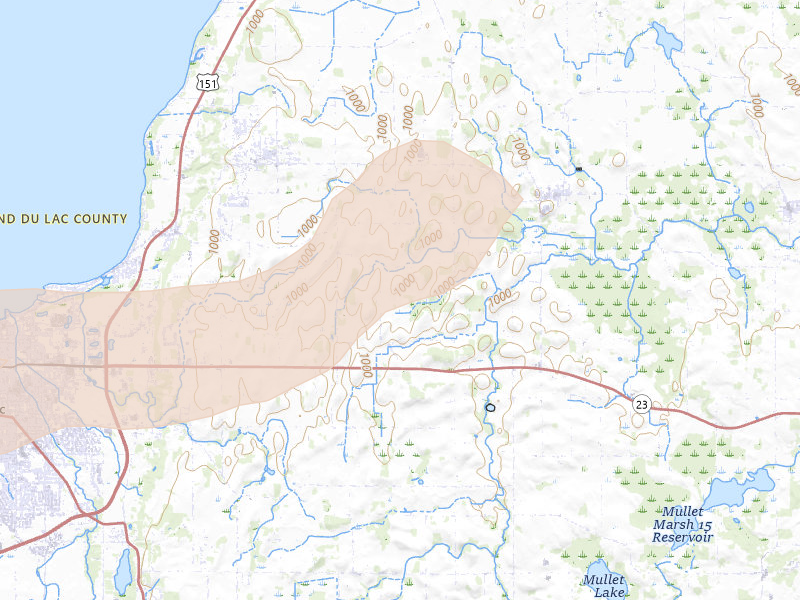 Radar-estimated hail-size map of the storm over Mount Calvary, WI on Aug 18, 2026