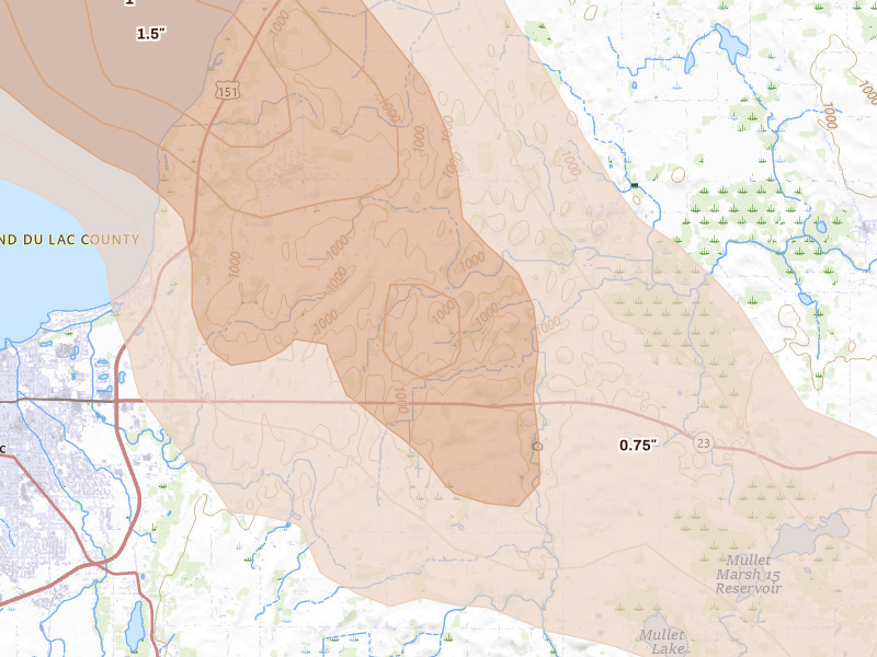 Radar-estimated hail-size map of the storm over Mount Calvary, WI on Sep 3, 2026