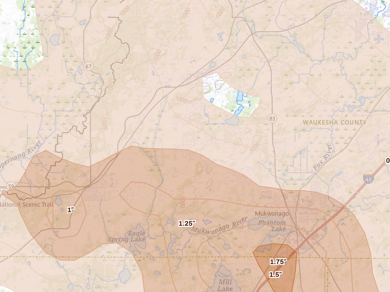 Radar-estimated hail-size map of the storm over Mukwonago, WI on Jul 27, 2026