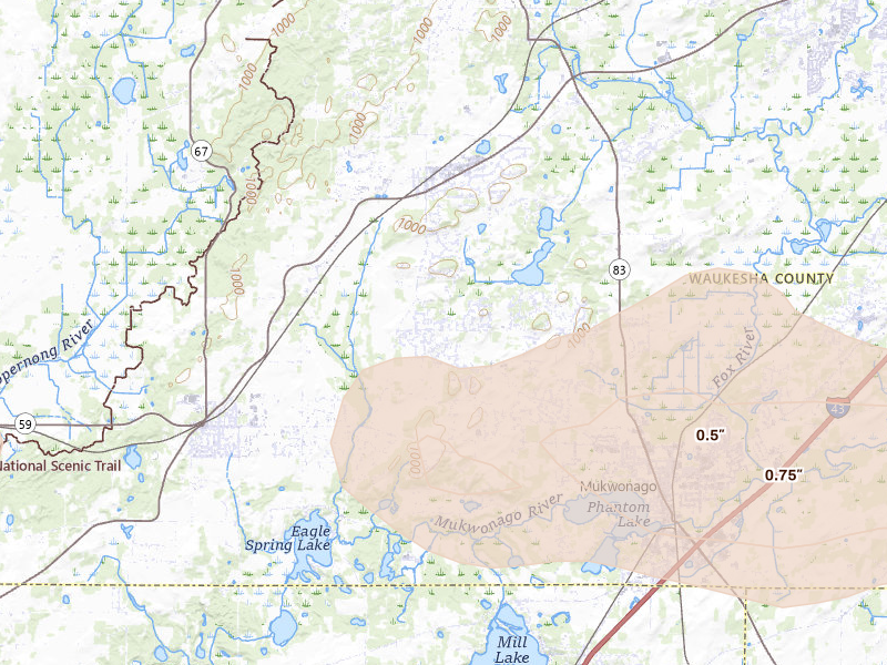 Radar-estimated hail-size map of the storm over Mukwonago, WI on Aug 9, 2026