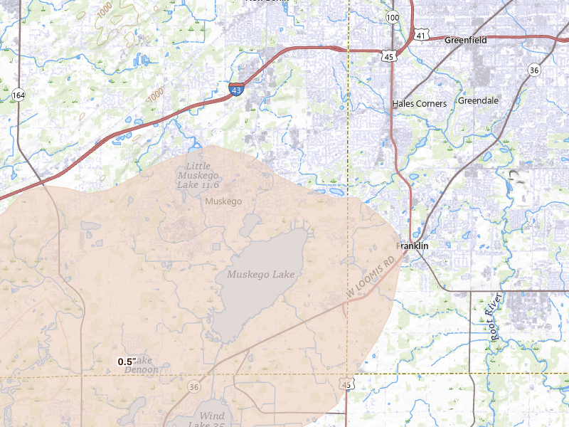 Radar-estimated hail-size map of the storm over Muskego, WI on Apr 17, 2026