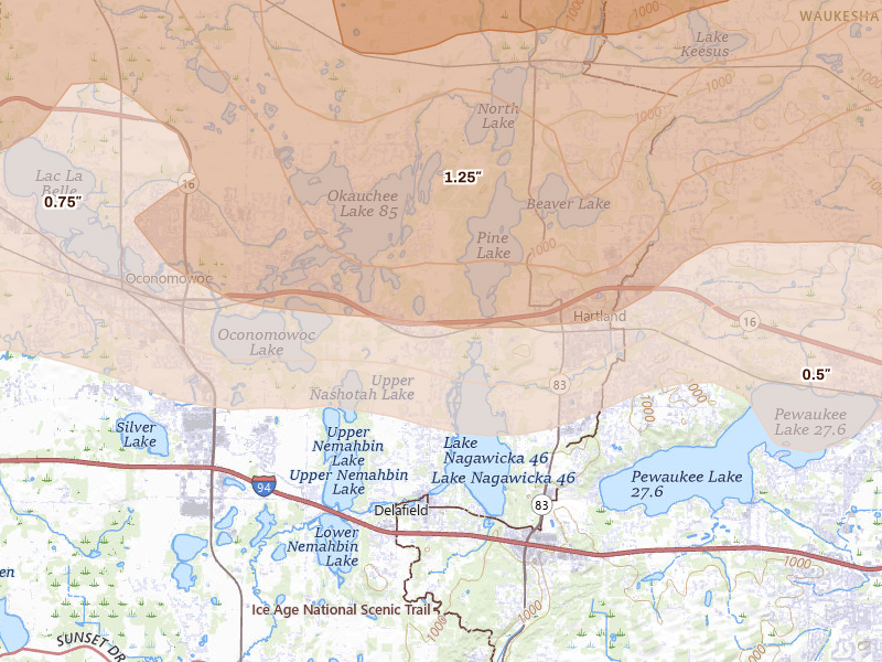 Radar-estimated hail-size map of the storm over Nashotah, WI