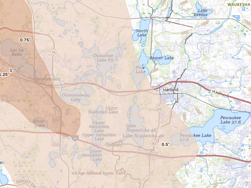 Radar-estimated hail-size map of the storm over Nashotah, WI on Jul 27, 2026