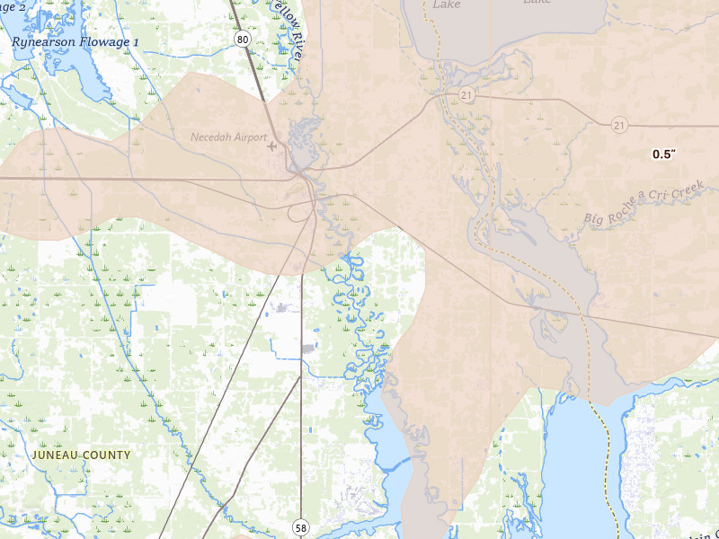 Radar-estimated hail-size map of the storm over Necedah, WI on Mar 31, 2026