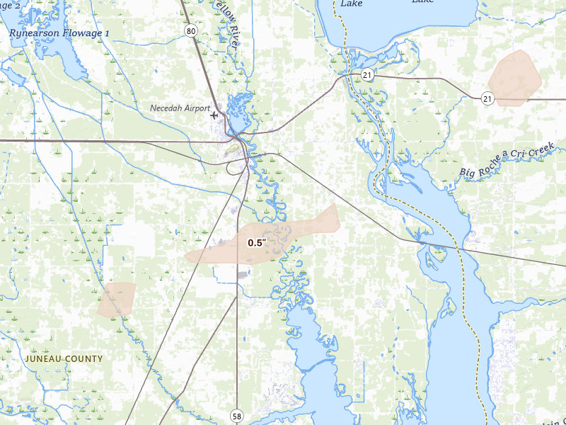 Radar-estimated hail-size map of the storm over Necedah, WI on Jun 30, 2026