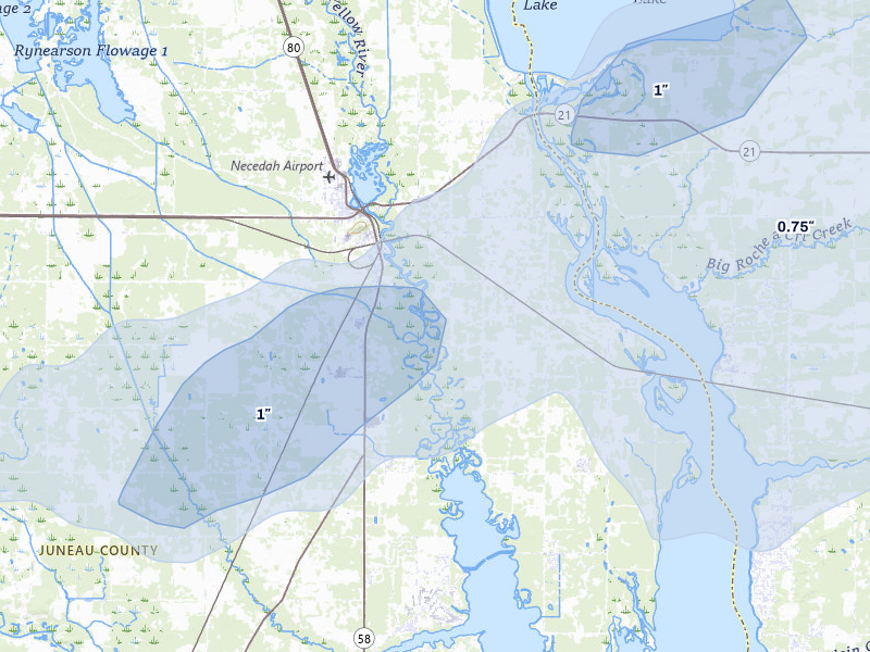 NEXRAD radar-signature map of the hail storm over Necedah, WI on Jun 30, 2026