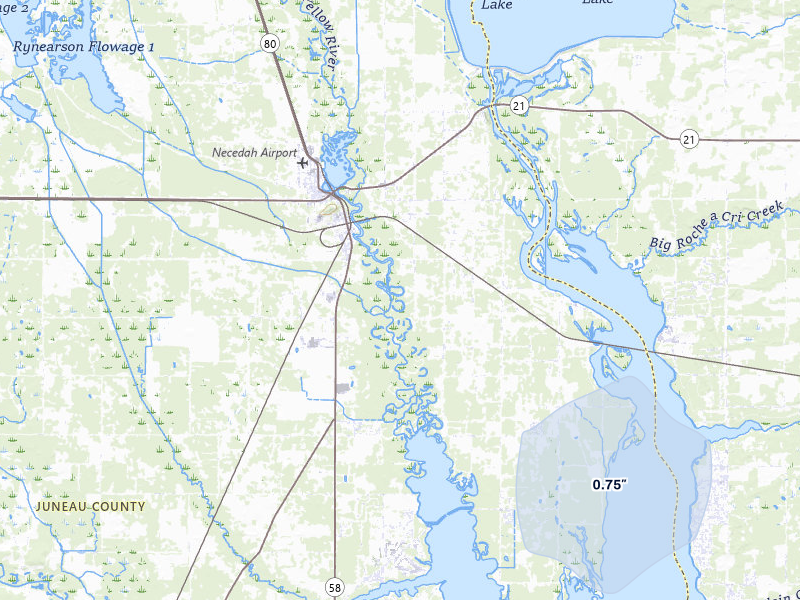 NEXRAD radar-signature map of the hail storm over Necedah, WI on Jul 8, 2026