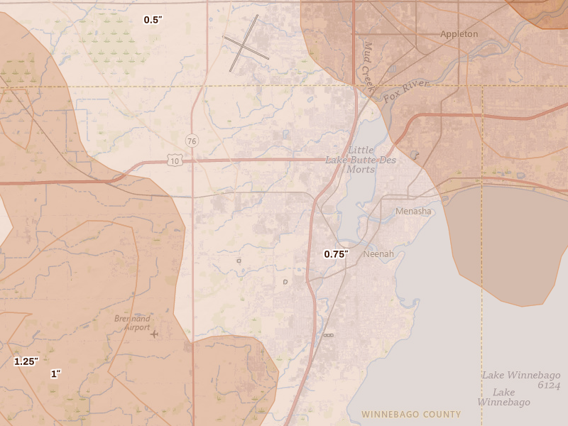 Radar-estimated hail-size map of the storm over Neenah, WI on Jul 27, 2026