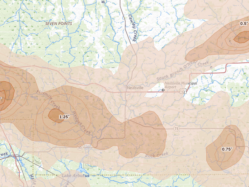 Radar-estimated hail-size map of the storm over Neillsville, WI on Apr 13, 2026