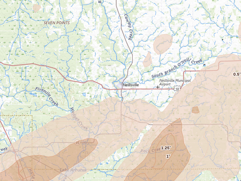 Radar-estimated hail-size map of the storm over Neillsville, WI on Apr 17, 2026