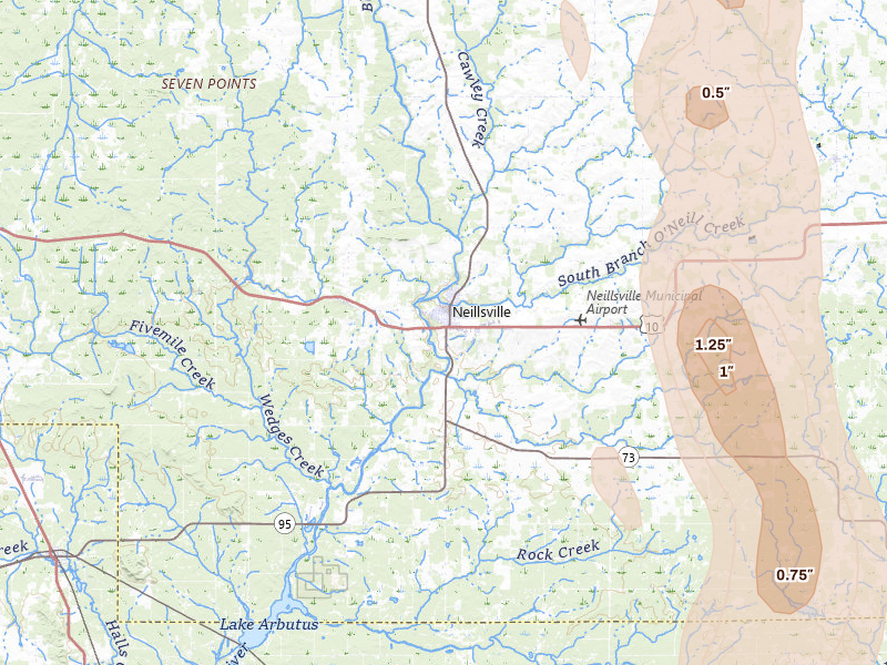Radar-estimated hail-size map of the storm over Neillsville, WI on May 27, 2026