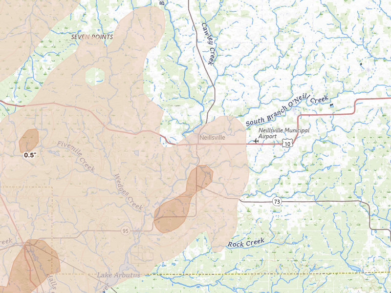 Radar-estimated hail-size map of the storm over Neillsville, WI on Jun 9, 2026