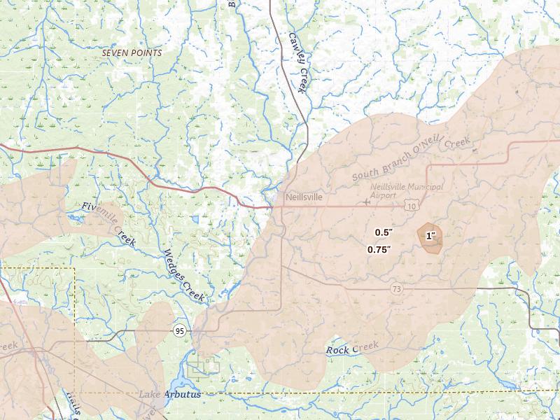 Radar-estimated hail-size map of the storm over Neillsville, WI on Jun 10, 2026