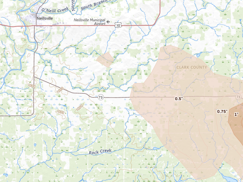 Radar-estimated hail-size map of the storm over Neillsville, WI on Aug 11, 2026