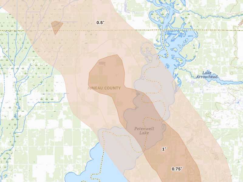 Radar-estimated hail-size map of the storm over Nekoosa, WI on Aug 11, 2026