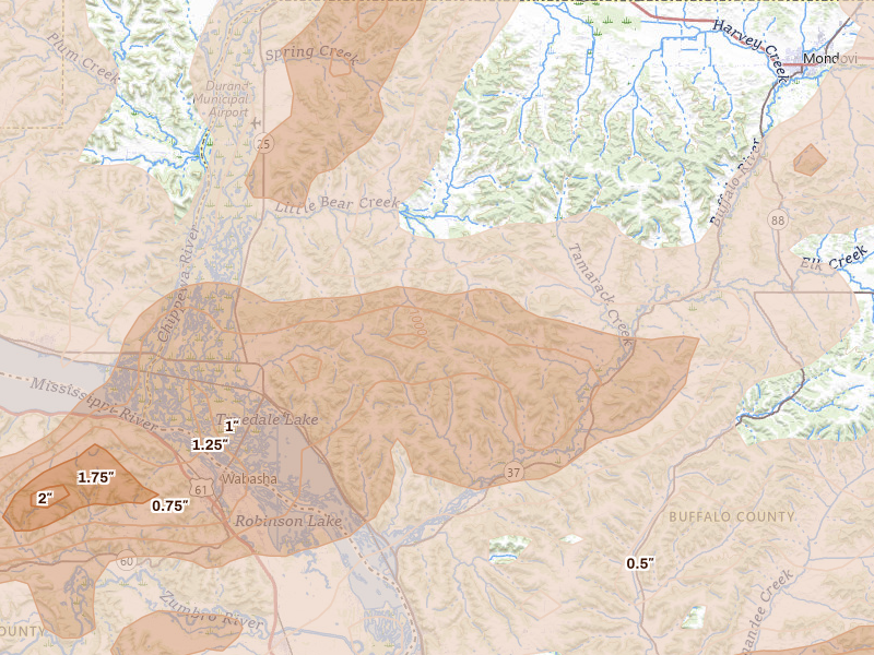 Radar-estimated hail-size map of the storm over Nelson, WI on Apr 13, 2026