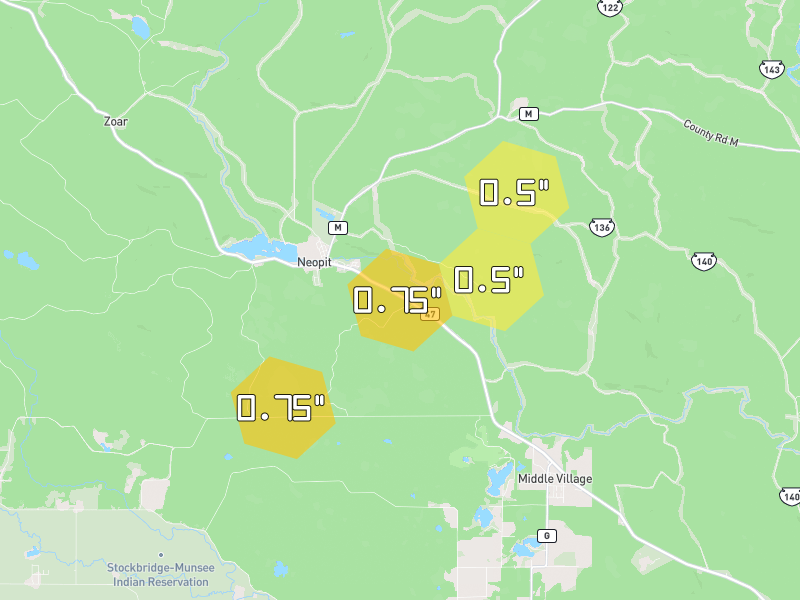 Hail map of Neopit, WI on Jun 30, 2026, hail up to 0.75"