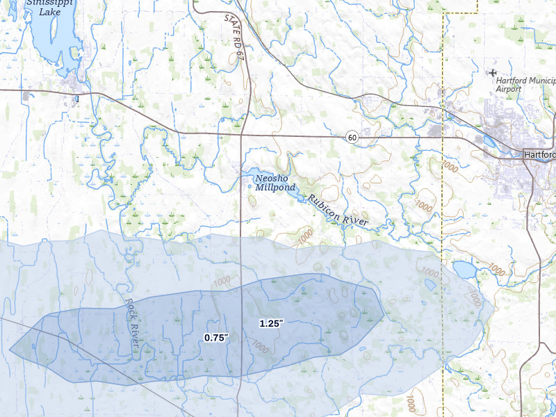 NEXRAD radar-signature map of the hail over Neosho, WI