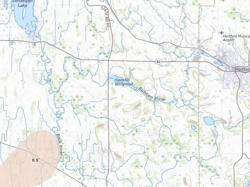 Radar-estimated hail-size map of the storm over Neosho, WI on Jul 2, 2026