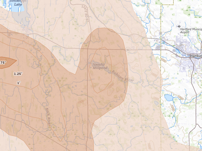 Radar-estimated hail-size map of the storm over Neosho, WI on Jul 27, 2026