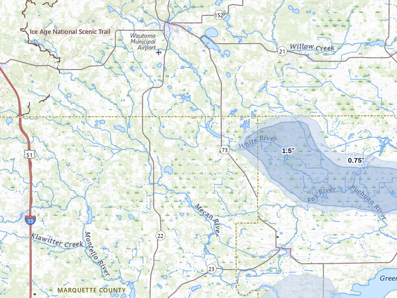 NEXRAD radar-signature map of the hail over Neshkoro, WI