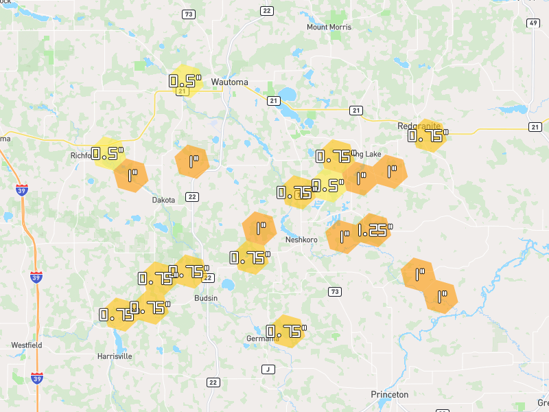 Hail map of Neshkoro, WI on Jul 1, 2026, hail up to 1.25"