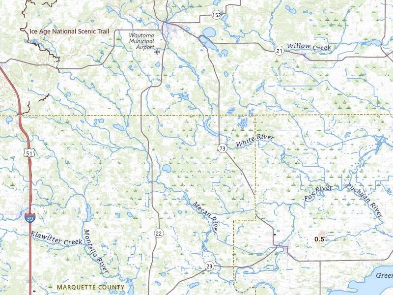 Radar-estimated hail-size map of the storm over Neshkoro, WI on Jul 27, 2026
