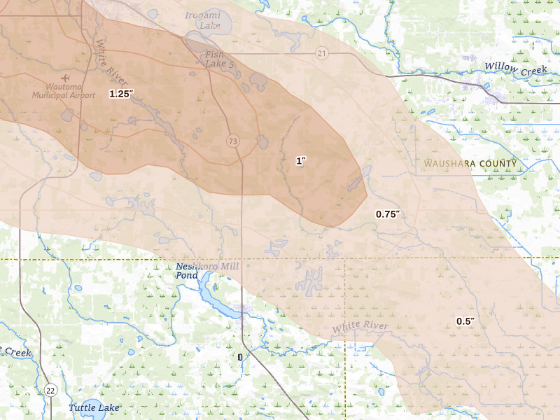 Radar-estimated hail-size map of the storm over Neshkoro, WI on Aug 18, 2026