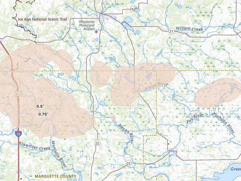 Radar-estimated hail-size map of the storm over Neshkoro, WI on Sep 1, 2026