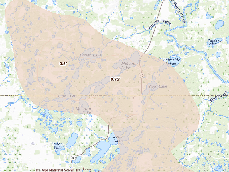 Radar-estimated hail-size map of the storm over New Auburn, WI on Jul 17, 2026