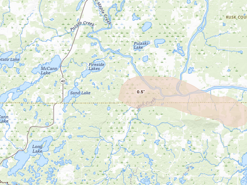 Radar-estimated hail-size map of the storm over New Auburn, WI on Aug 9, 2026