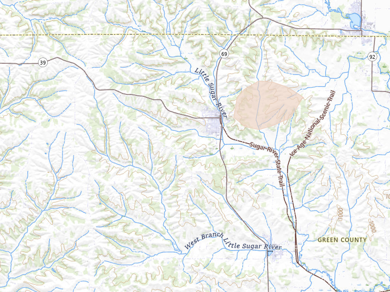Radar-estimated hail-size map of the storm over New Glarus, WI on Mar 31, 2026