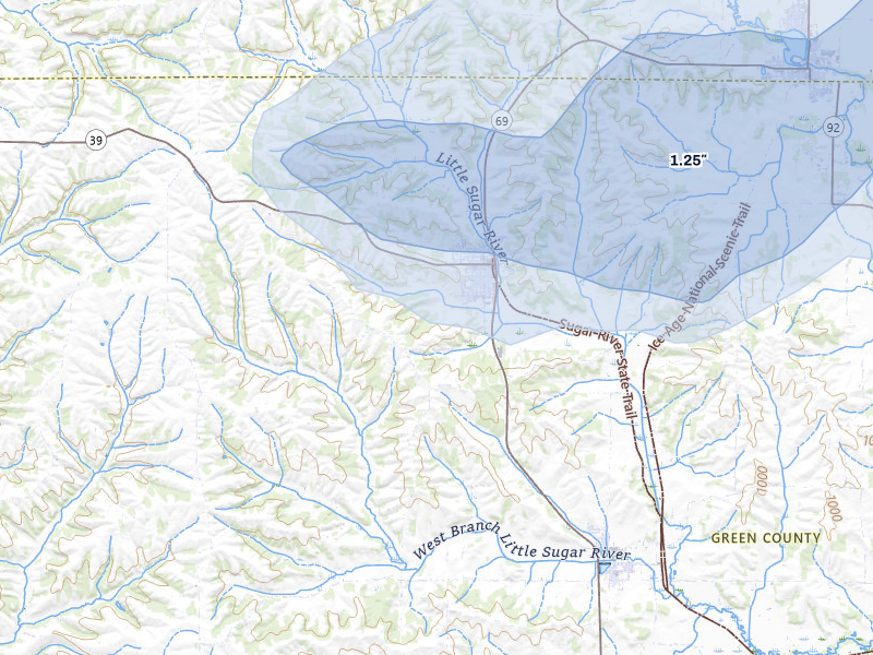 NEXRAD radar-signature map of the hail over New Glarus, WI
