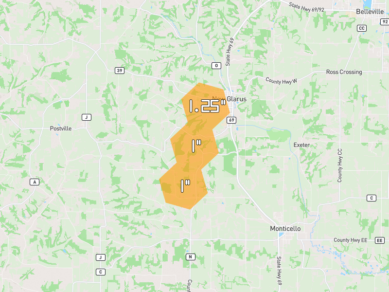 Hail map of New Glarus, WI on Jul 2, 2026, hail up to 1.25"