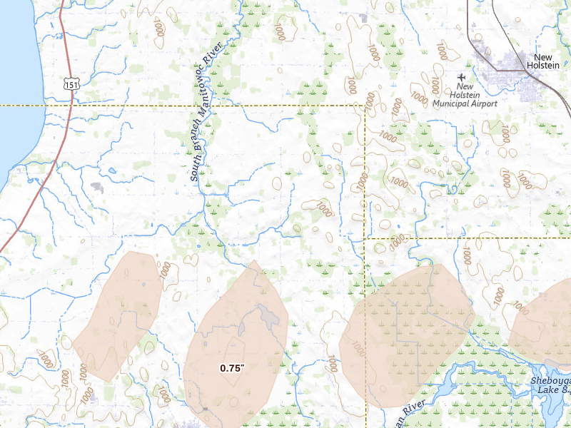 Radar-estimated hail-size map of the storm over New Holstein, WI on Mar 31, 2026