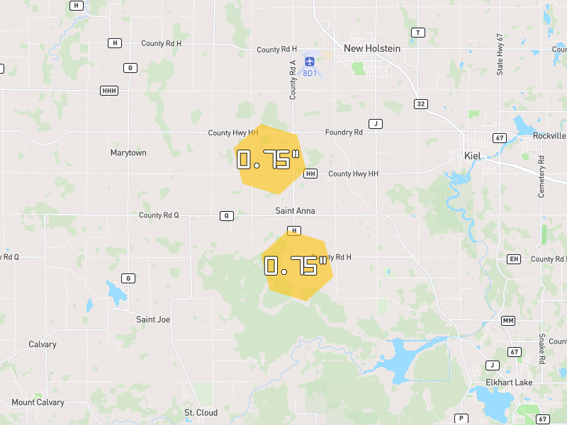 Hail map of New Holstein, WI on Jul 1, 2026, hail up to 0.75"