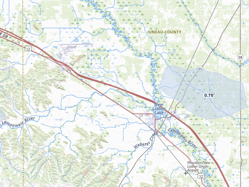 NEXRAD radar-signature map of the hail over New Lisbon, WI