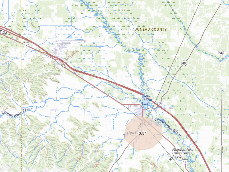 Radar-estimated hail-size map of the storm over New Lisbon, WI on Aug 21, 2026