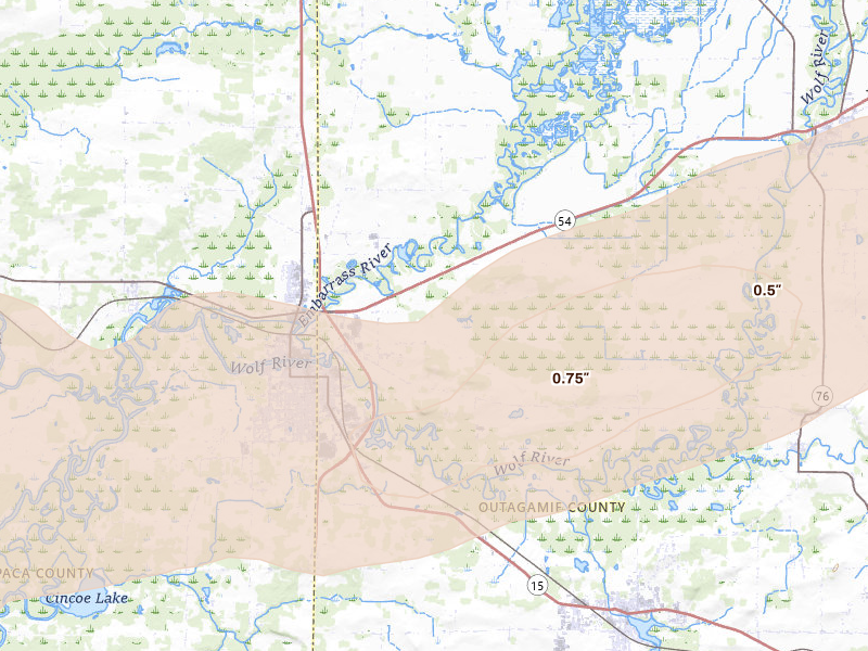 Radar-estimated hail-size map of the storm over New London, WI on Jun 30, 2026