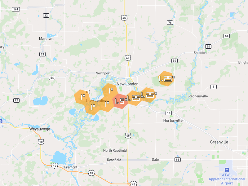Hail map of New London, WI on Jun 30, 2026, hail up to 1.5"
