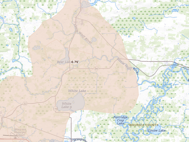 Radar-estimated hail-size map of the storm over New London, WI on Aug 21, 2026