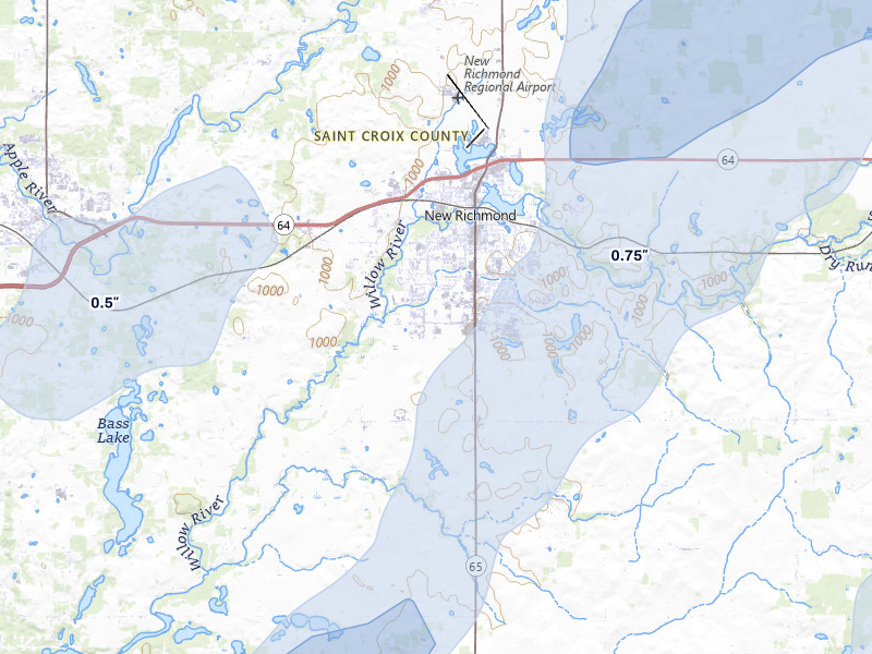 NEXRAD radar-signature map of the hail over New Richmond, WI