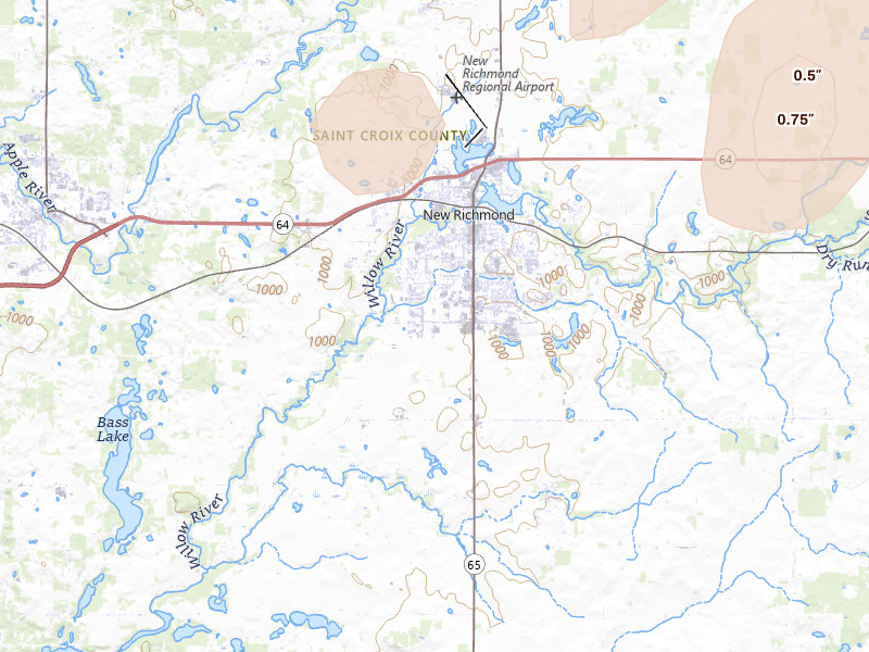 Radar-estimated hail-size map of the storm over New Richmond, WI on Jun 10, 2026