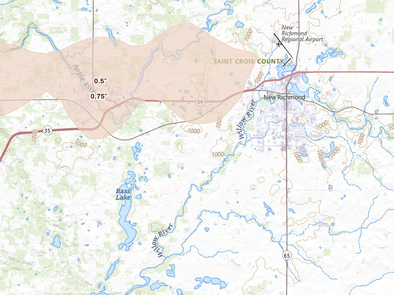 Radar-estimated hail-size map of the storm over New Richmond, WI on Aug 8, 2026