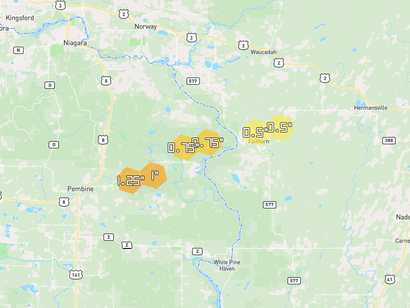 Hail map of Niagara, WI on Jun 30, 2026, hail up to 1.25"
