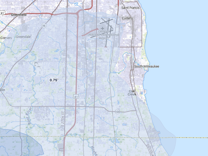 NEXRAD radar-signature map of the hail over Oak Creek, WI